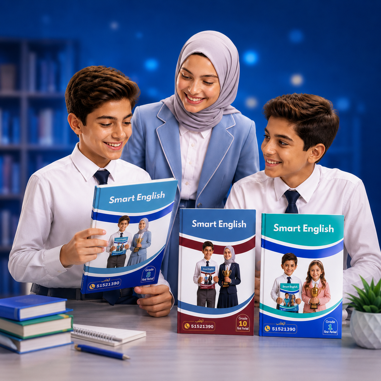 طلاب سعداء مع مذكرات سمارت إنجلش